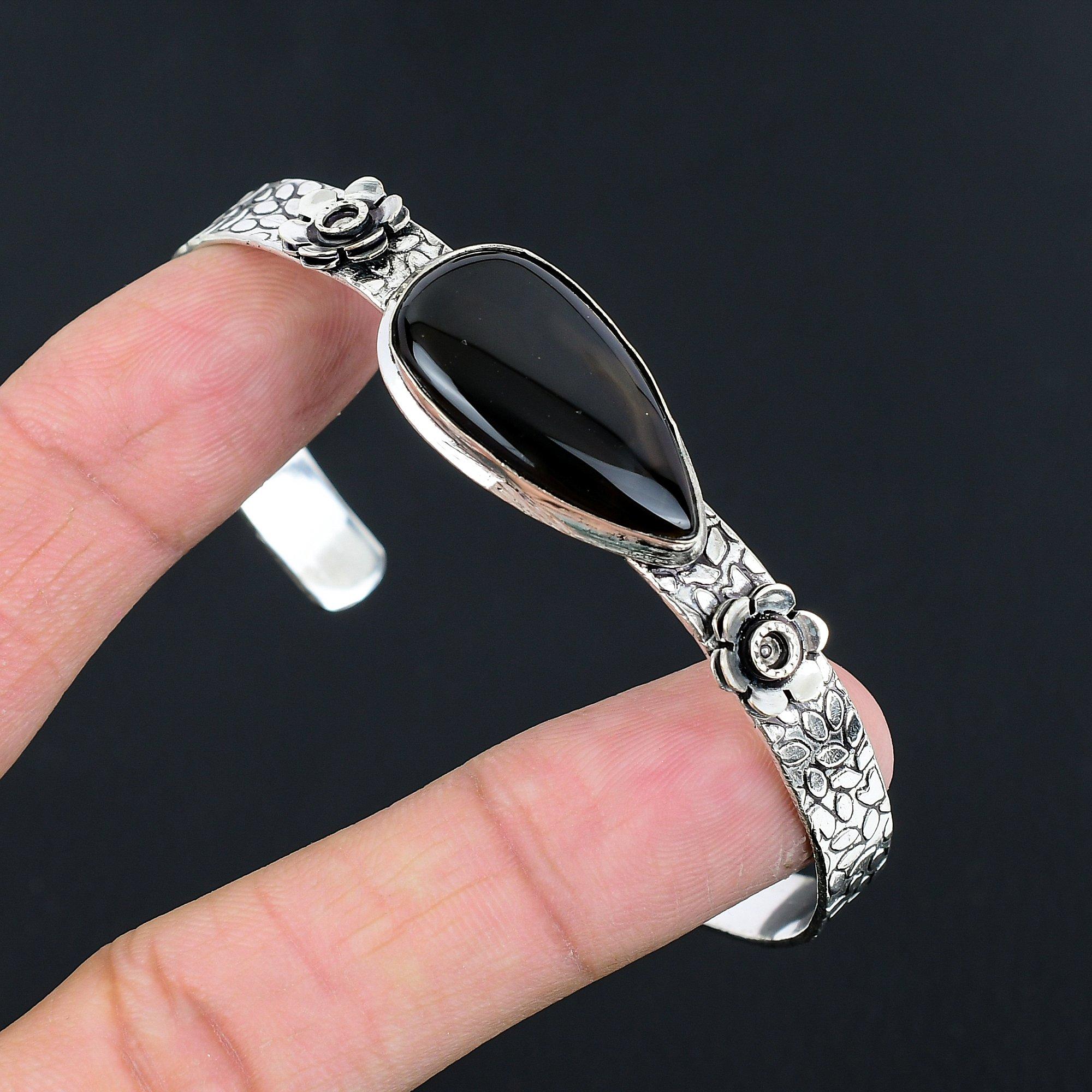 

Mothers day Sale Natural Obsidian Eye Flower New Bangle Bracelet Sterling Silver Adjustable