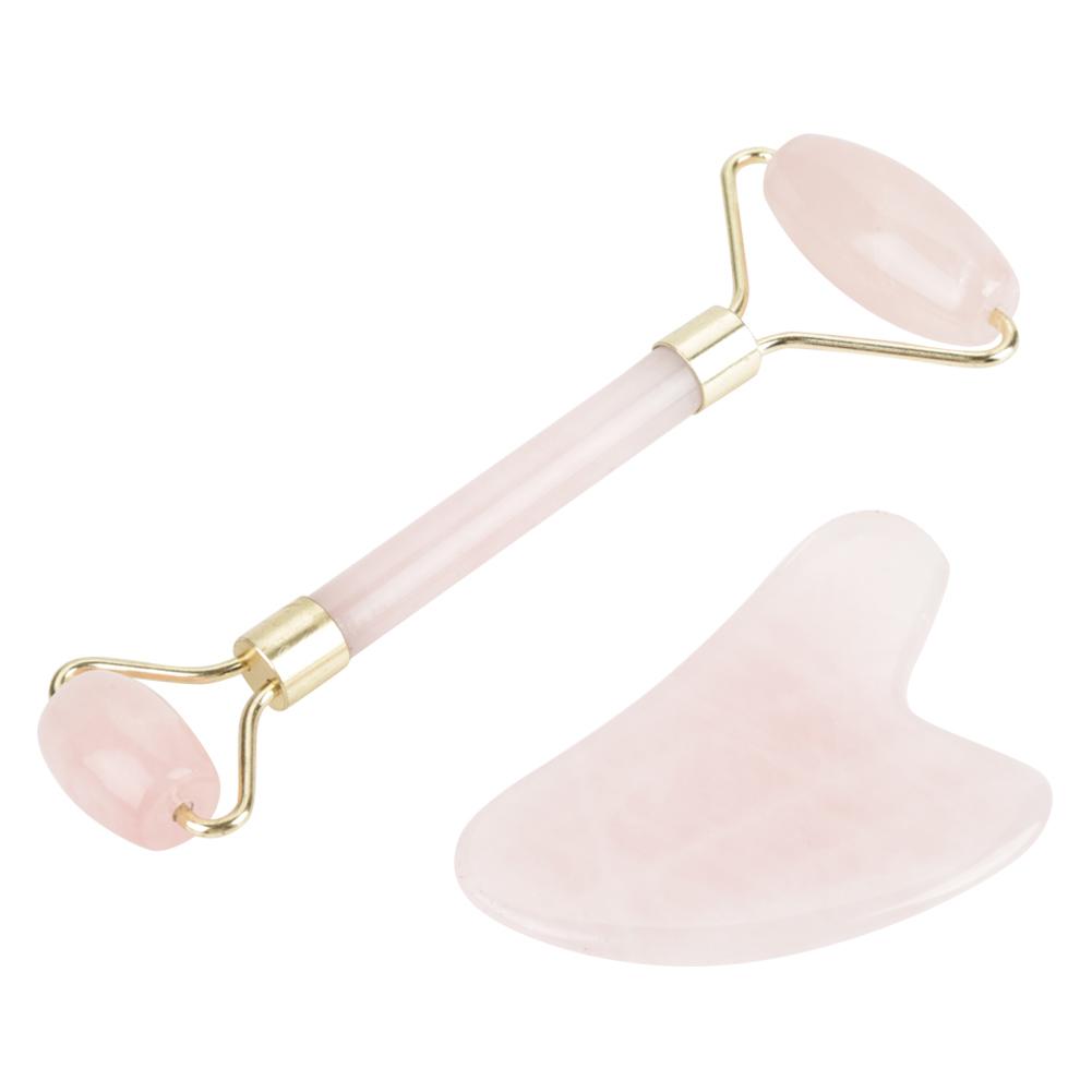 Natural Double Head Rose Quartz Jade Stone Roller & Scrapping Plate Face Massage Tool Kit