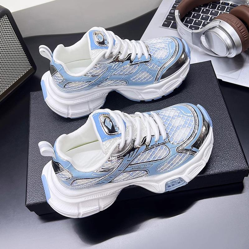 

5CM height increase~ leather thick-soled mountaineering dad shoes women s summer mesh breathable single mesh hollow casual sports shoes 40 синий