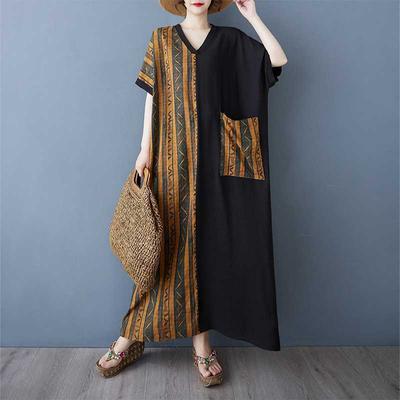 Striped Patchwork Black Long Dress Vintage Robe