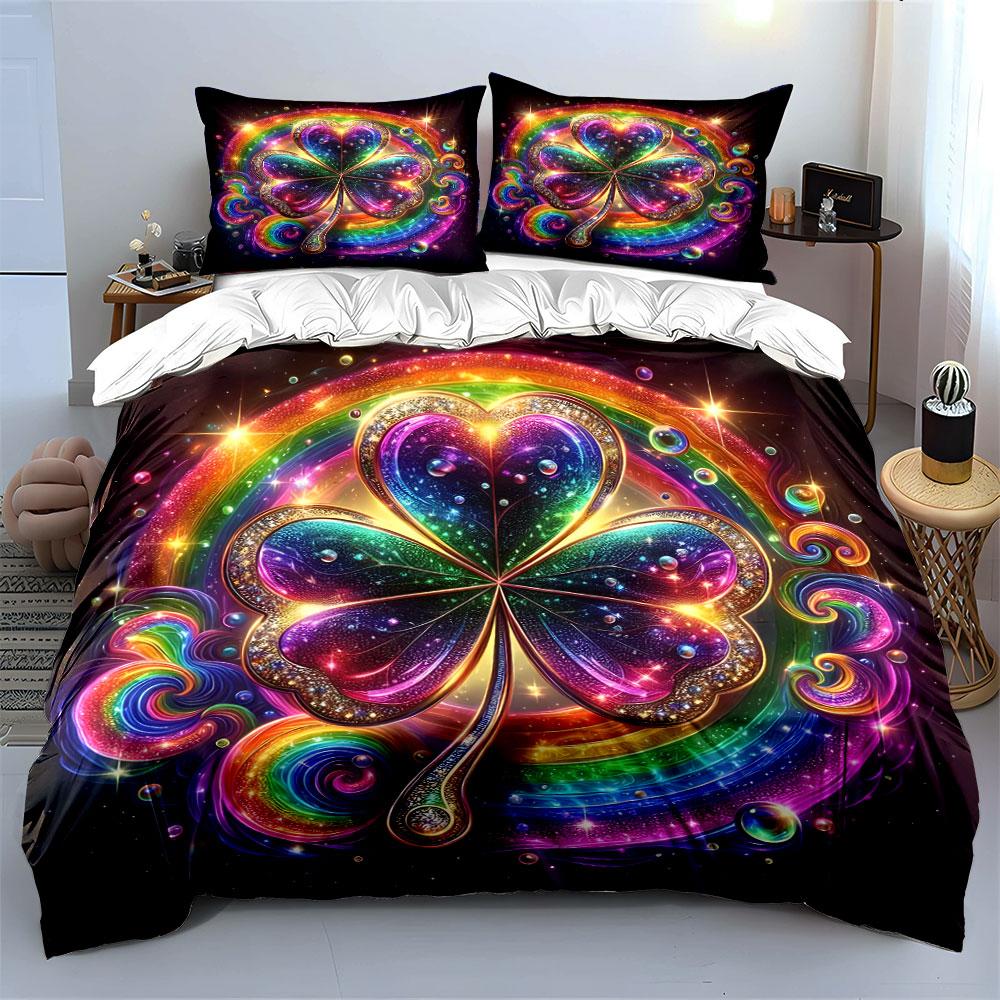 Glittering Rainbow Clover Design Bedding Duvet Cover Set (1*Duvet Cover 2*Pillowcases, Without Duvet Insert)