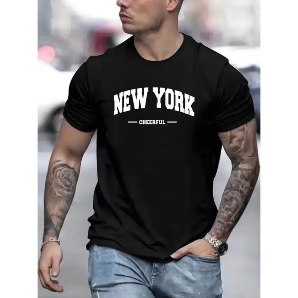 New York Print Men's Round Neck Short Sleeve Tee Fashion Slim Fit T-Shirt Top For Spring Summer Holiday