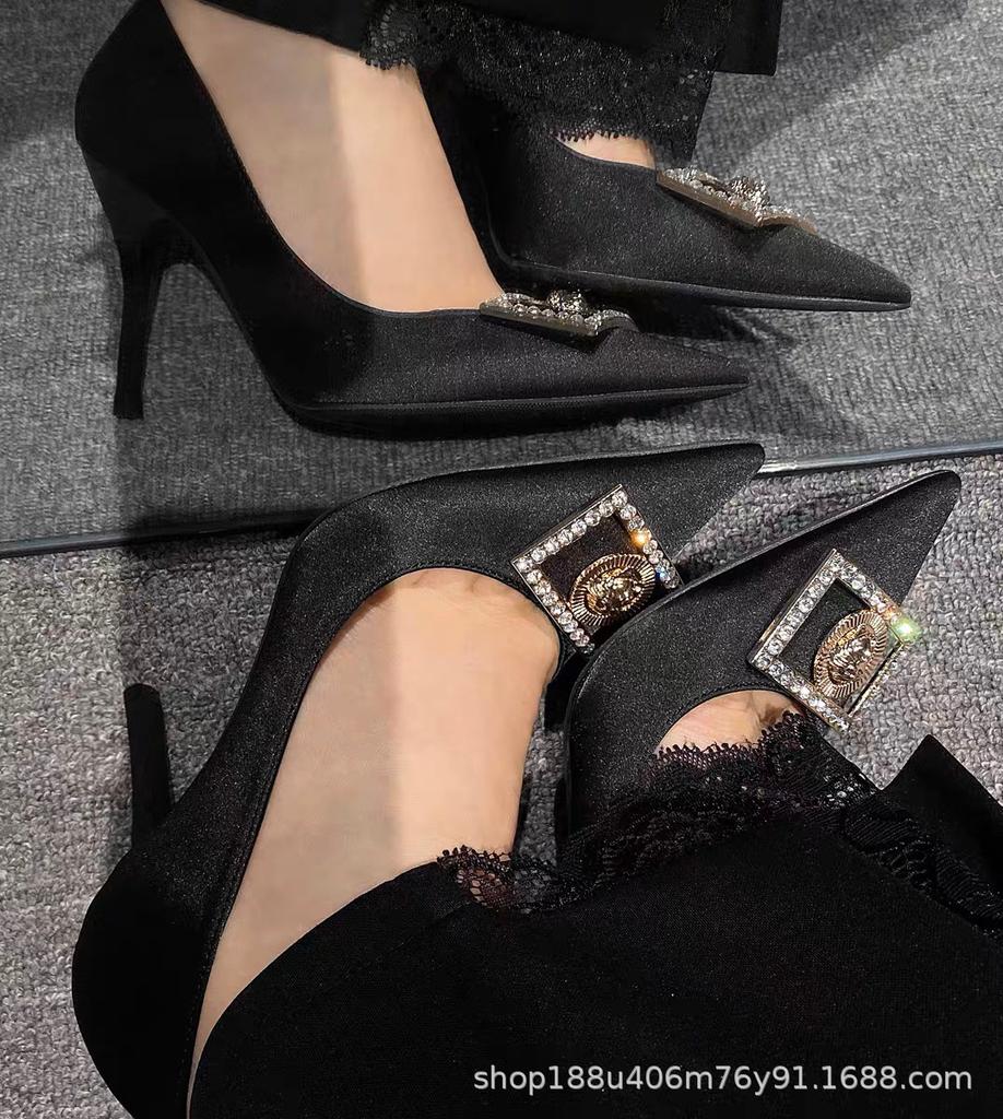 [Spot] French Pointed Black High Heels Women's 2025 New Metal Square Buckle Rhinestone Sexy Stiletto Shoes
