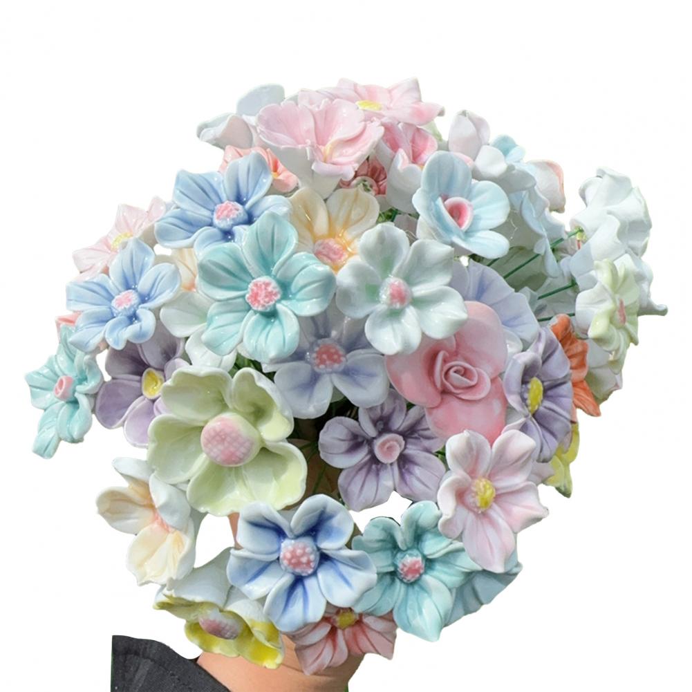 Handmade Ceramic Flower Realistic Artificial Flower with Wire Stem Home Office Living Room Vase Fake Colorful Blossom Decor