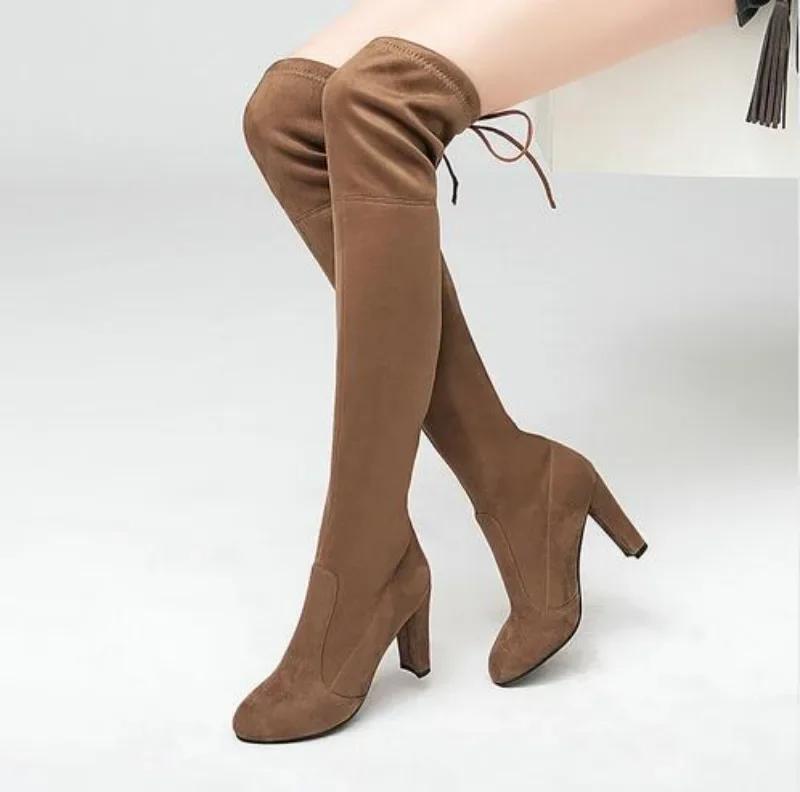 Fashion Brand Thigh High Botines Mujer Plush Fur Shoes Winter Stovepipe Stretch Over Knee Long Boots Women Lace-up Velvet Knight Bottes