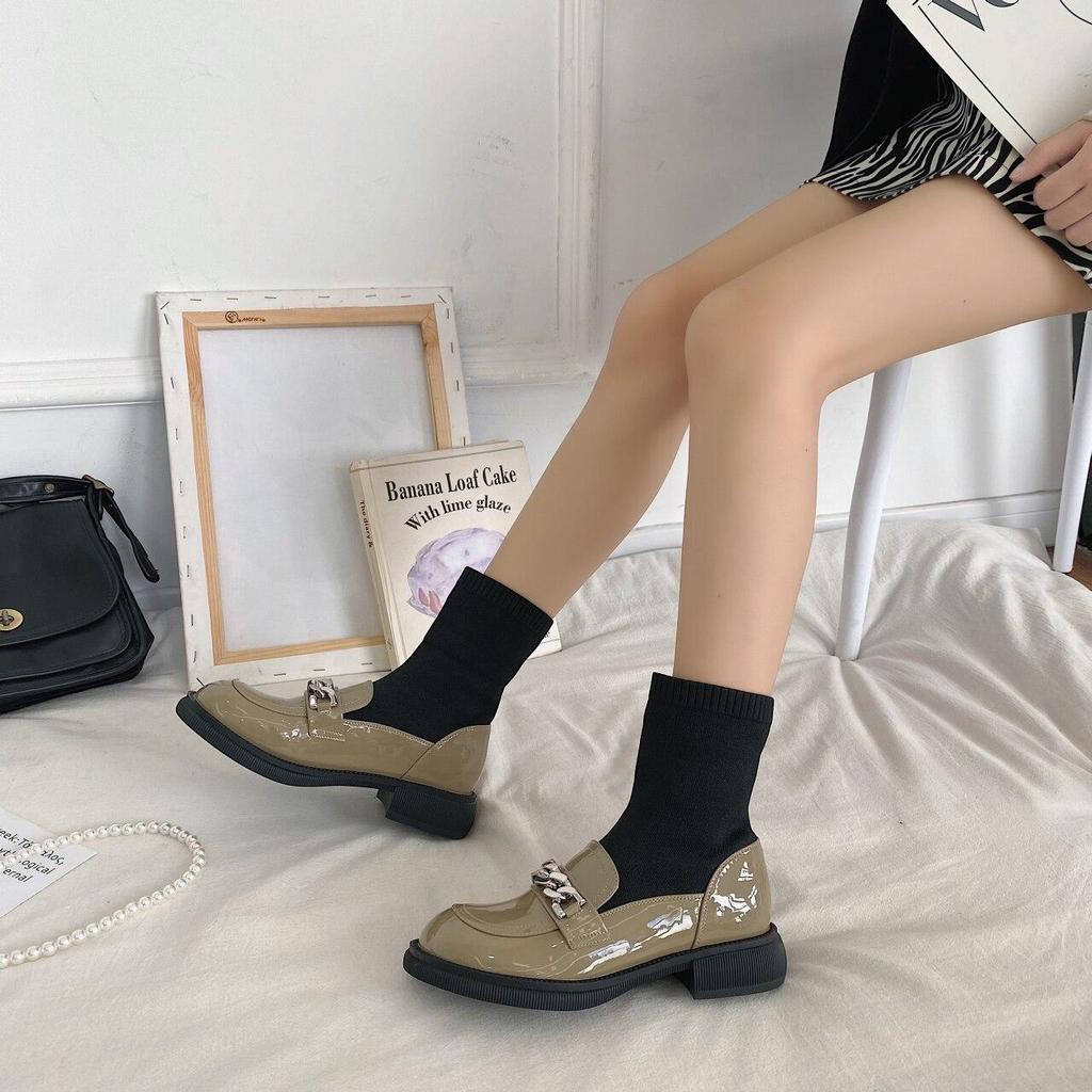 Oxford Shoes for Women Slip On Round Toe Mary Jane Shoes Woman Metal Chain Square Heels Leather Shoes Female