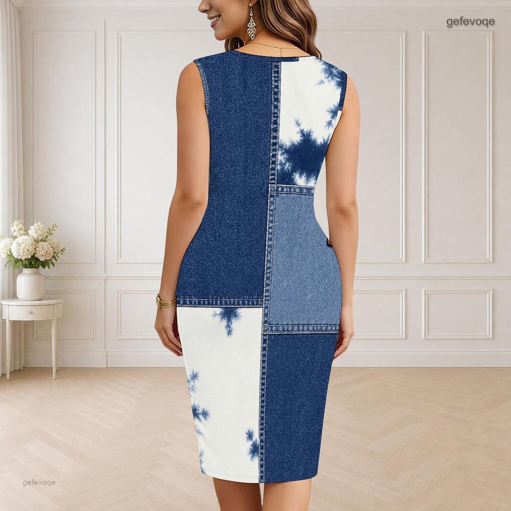 Women Plus Size V Neck Sleeveless Printed Blue Beige Bodycon Midi Dress
