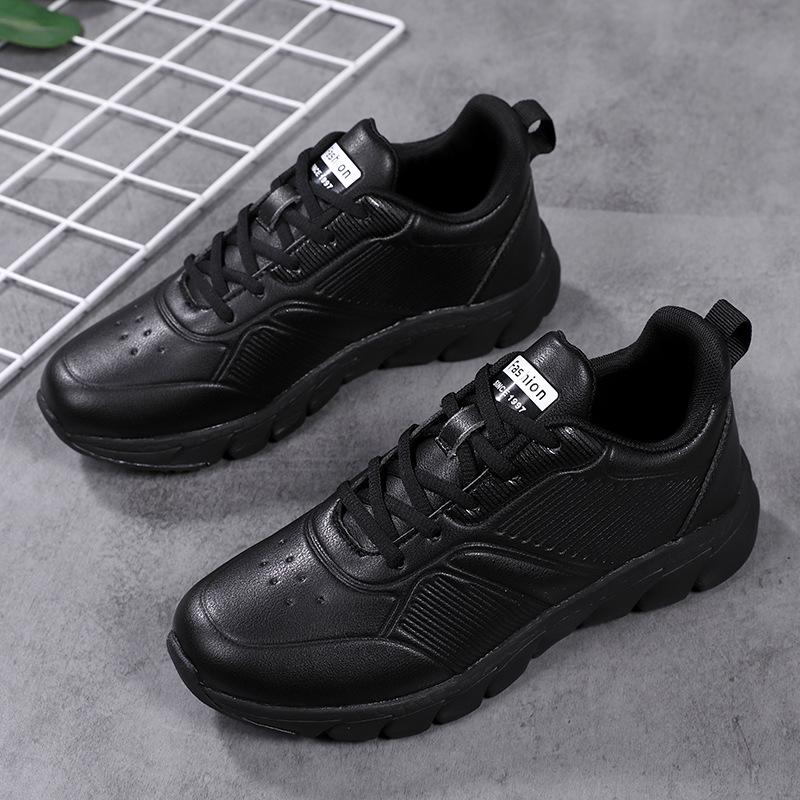 Leather sneakers women's autumn and winter waterproof and non-slip casual women's shoes all black velvet cotton shoes lightweight soft-soled travel 