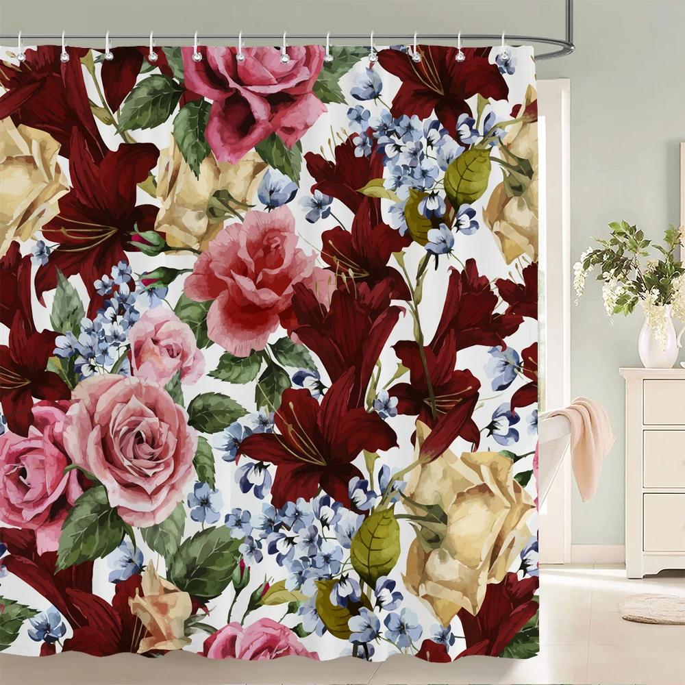 3d Flowers Pattern Shower Curtains Bath Curtain 180*180cm Waterproof Bathroom Decor Washable Fabric Bath Screen With Hooks
