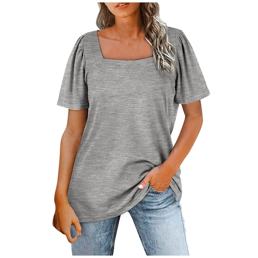 Women's Fashion Casual Square Neck Short Sleeve Solid Color Tops Blouse