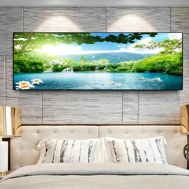 Landscape Green Forest Waterfall Swan Canvas Painting Posters and Prints Wall Art Pictures Living Room Home Decor No Frame
