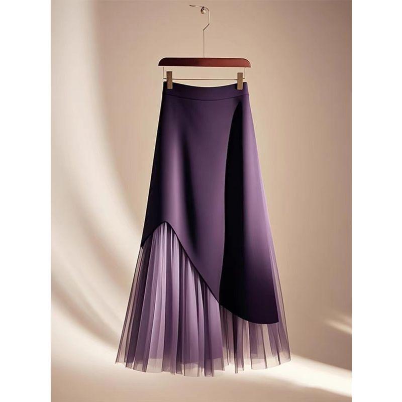 

Юбка А-силуэта с завышенной талией, утягивающая, с асимметричным подолом, модная, стильная, фиолетовая юбка с сетчатой вставкой, весна Purple S