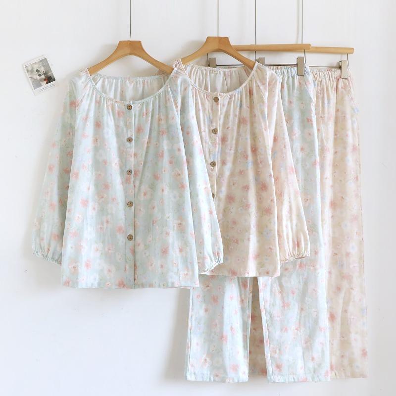 2026 Spring and Autumn New Pajama Set 100% Cotton Gauze Long Sleeve Long Pants Two Piece Sweet Style Home Clothing Set