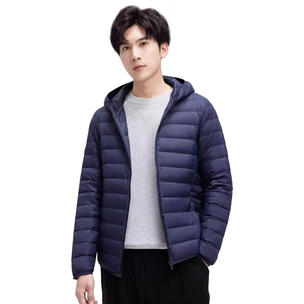 

MDMYXJP Men s Ultralight Down Jacket, Solid Color, Lightweight, Warm, Cold Weather, Fall/Winter, Includes Storage Bag, MD314 (XL, Navy, Cap)