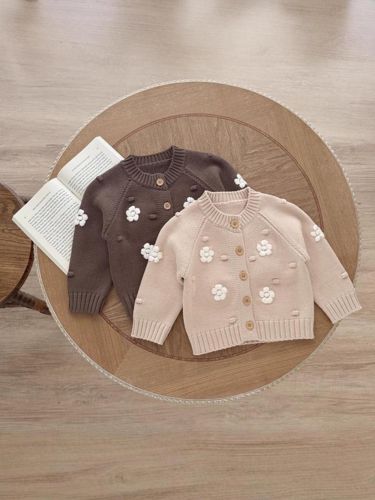 Embroidered Flower Knit Cardigan for Baby Girls, Wave Point Style, Thickened for Autumn and Winter