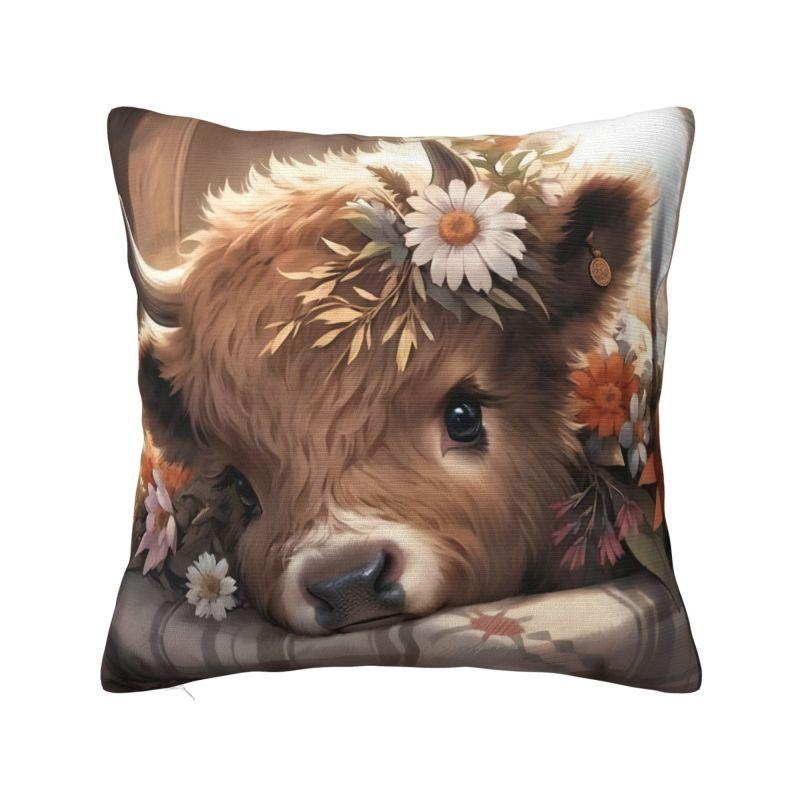 Modern Highland Cow And Flower Throw Pillow Covers Home Decor D Print Sofa Cushion Cover Polyester Soft Pillowslip Dakimakura