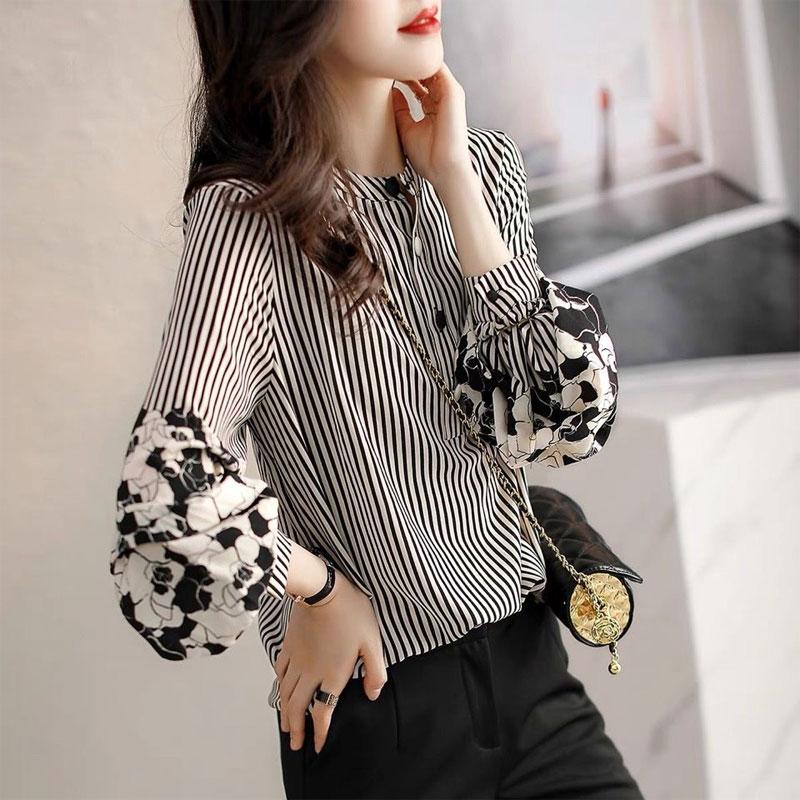 Office Lady Striped Stylish Floral Printed Shirt Female Clothing Round Neck All-match Loose Spring Autumn Casual Button Blouse