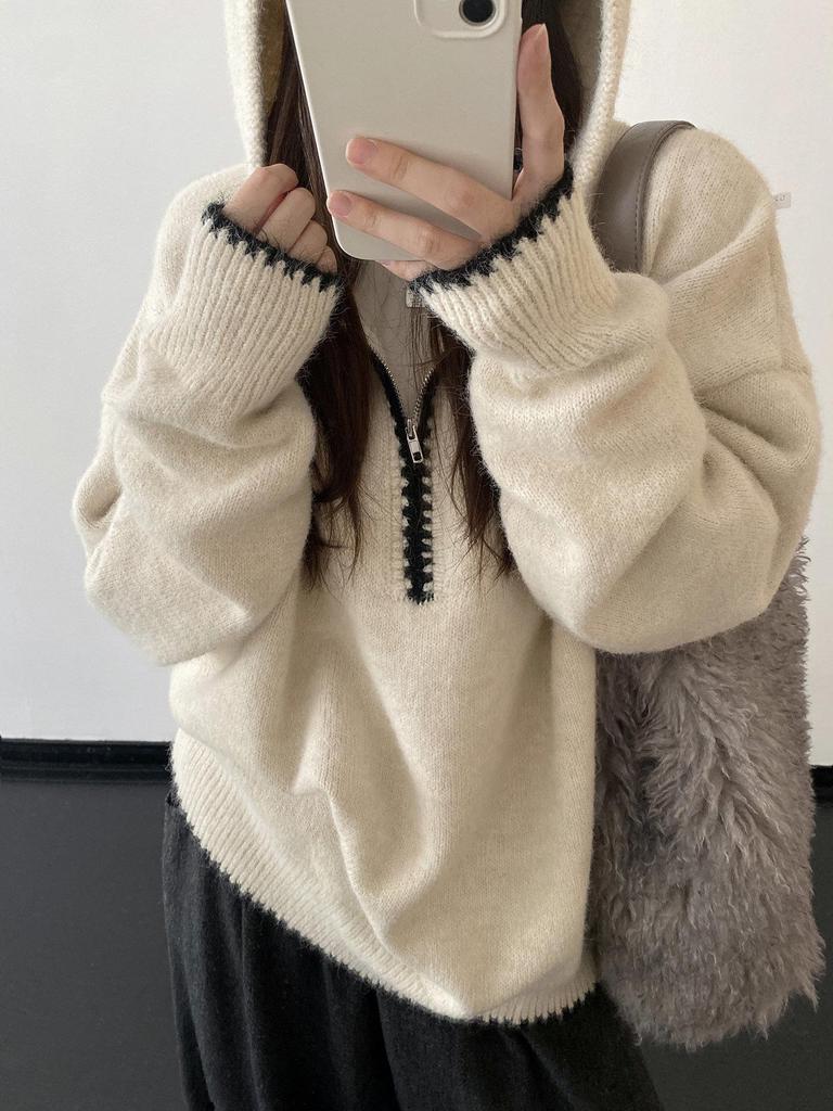 Korean Style Women's Hooded Sweater - Autumn/Winter High-End Knitwear with Unique Design, Long Sleeves, Cozy Fit