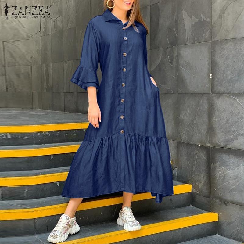 

ZANZEA Повседневное платье в стиле ретро с отложным воротником и рукавами 3/4 и оборками по подолу