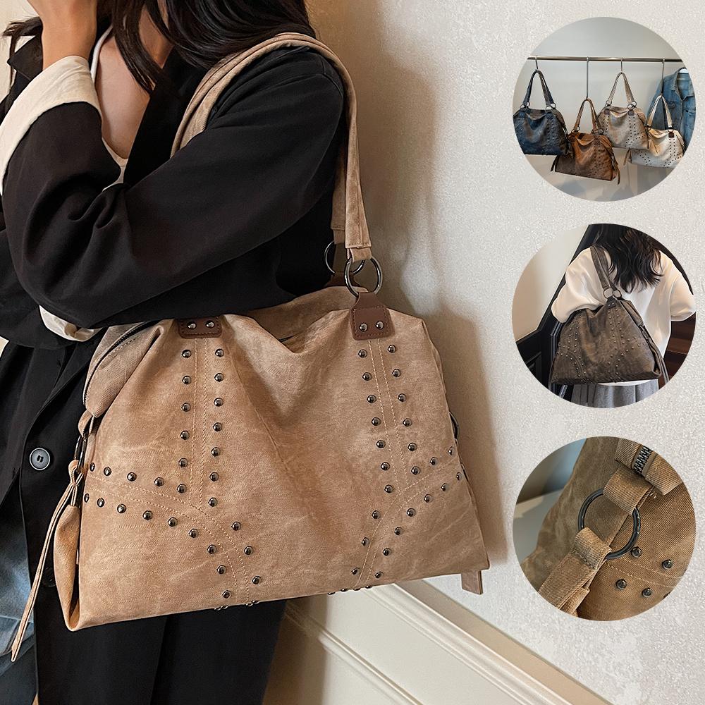 Autumn/Winter Retro Commuter Single Shoulder Bag for Women 2026 New Rivet Tote Bag Large Capacity Travel Handbag
