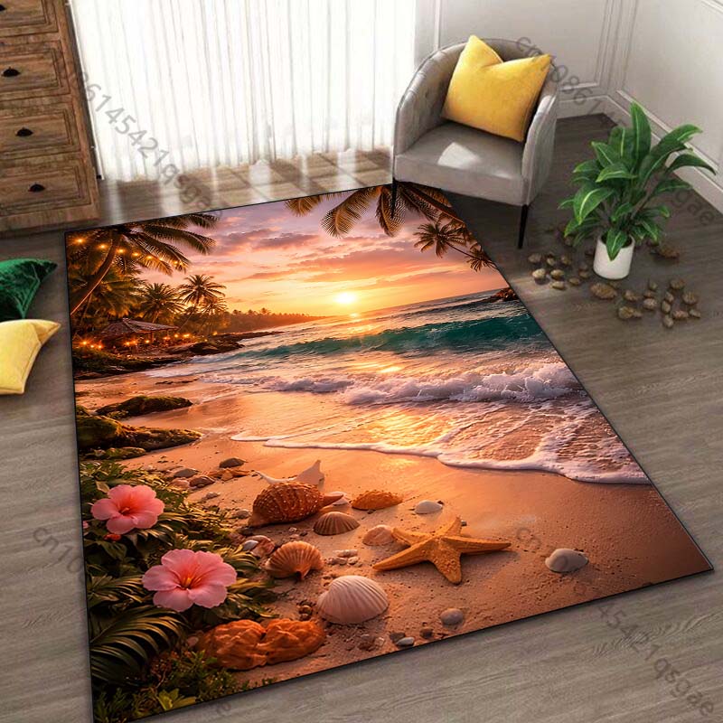1PC Beach sunset with palm trees Print Carpet Rug for Living Room Bedroom Sofa Doormat Home Decor Non-slip Floor Mat