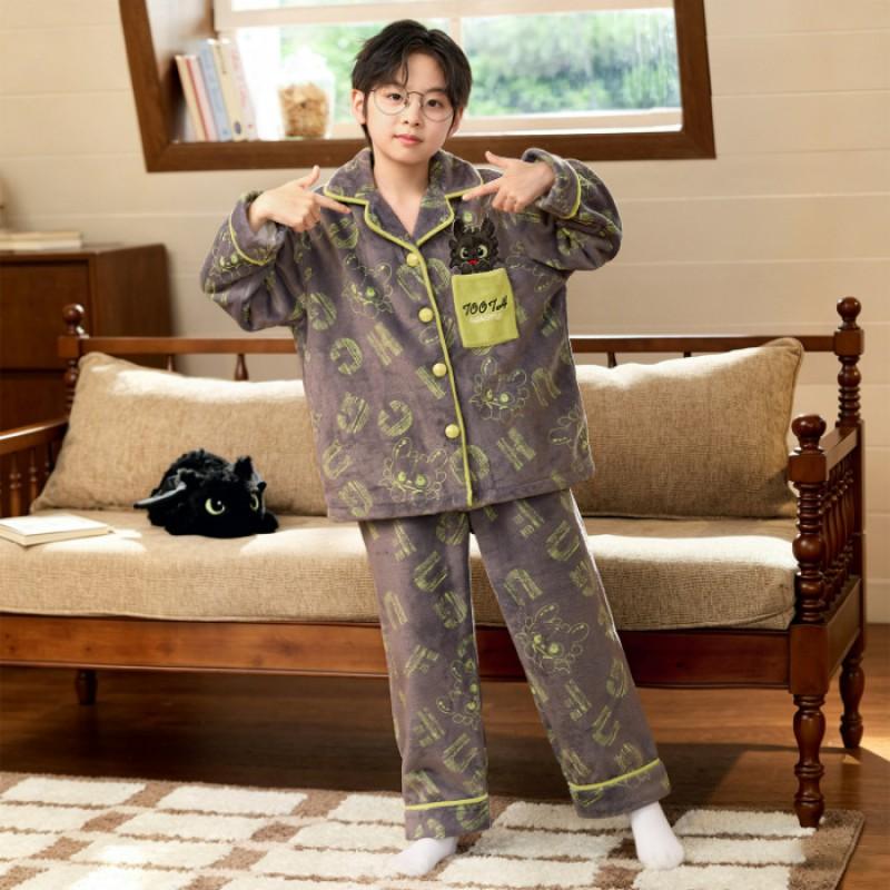 Boys Coral Fleece Pajamas Set Winter Thick Flannel Loungewear Kids