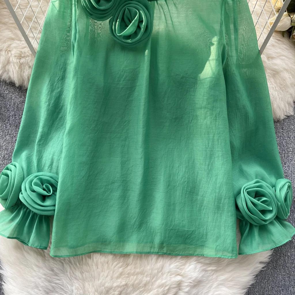 Ruffles Sweet Sheer Blouse O Neck Long Sleeves 3D Floral Loose Top Korean Style Streetwear Vintage OL Casual Shirt