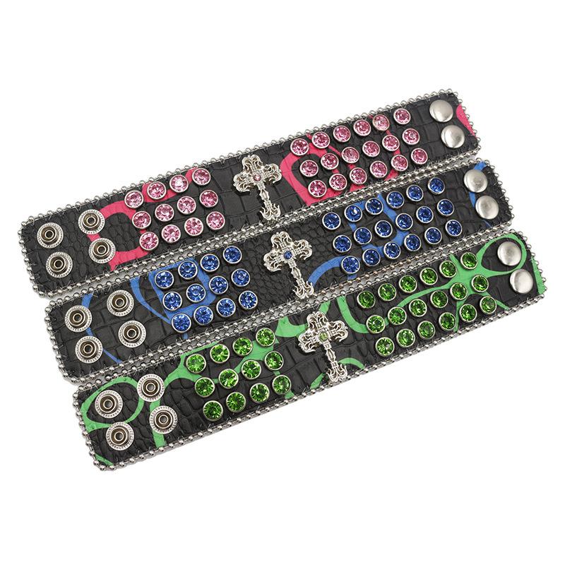 Cross-set Diamond Design Rhinestone Bracelet with Hip-hop Trendy PU Leather Bracelet Design