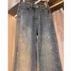 Diamant-Jeans für Damen, glänzende Jeans mit hoher Taille, lockere Jeanshose mit weitem Bein, blaue Wischhose mit Strasssteinen, Streetwear-Modehose