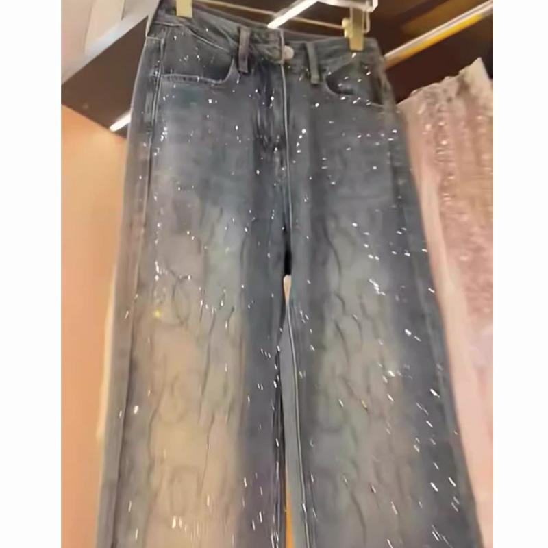Diamant-Jeans für Damen, glänzende Jeans mit hoher Taille, lockere Jeanshose mit weitem Bein, blaue Wischhose mit Strasssteinen, Streetwear-Modehose