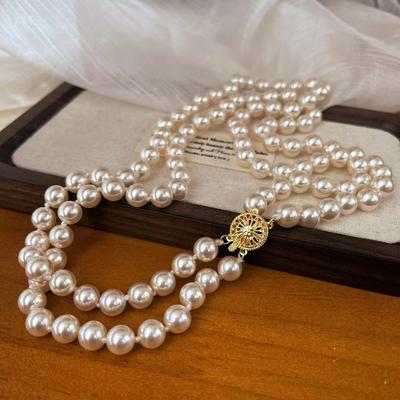 Vintage 8Mm Warm White Shijia Round Pearl Double-Layer Necklace Women'S Sweater Chain, Knotted, Fashionable