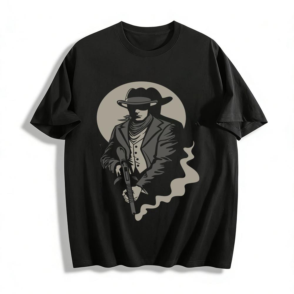 Vintage Western Gunslinger Print Casual Tee Retro Cowboy Style Top Pure cotton T-shirt XXS
