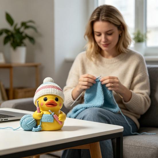 Funny Duck Figurine Small Resin Crocheting Duck Statue Collectible Tabletop Ornament for Desk Bookshelf Car Dashboard Decor