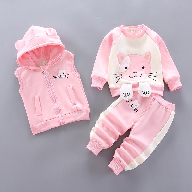 Baby Boys' 3-Piece Cartoon Bear Fleece Clothing Set - Jacket, Vest, and Pants for Autumn/Winter