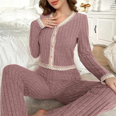 Frühling Herbst Damen Cardigan Nachtwäsche einfarbig Spitze Besatz Schlafanzug Set lässig sexy Crop Tops und Lange Hosen Loungewear Nachtwäsche