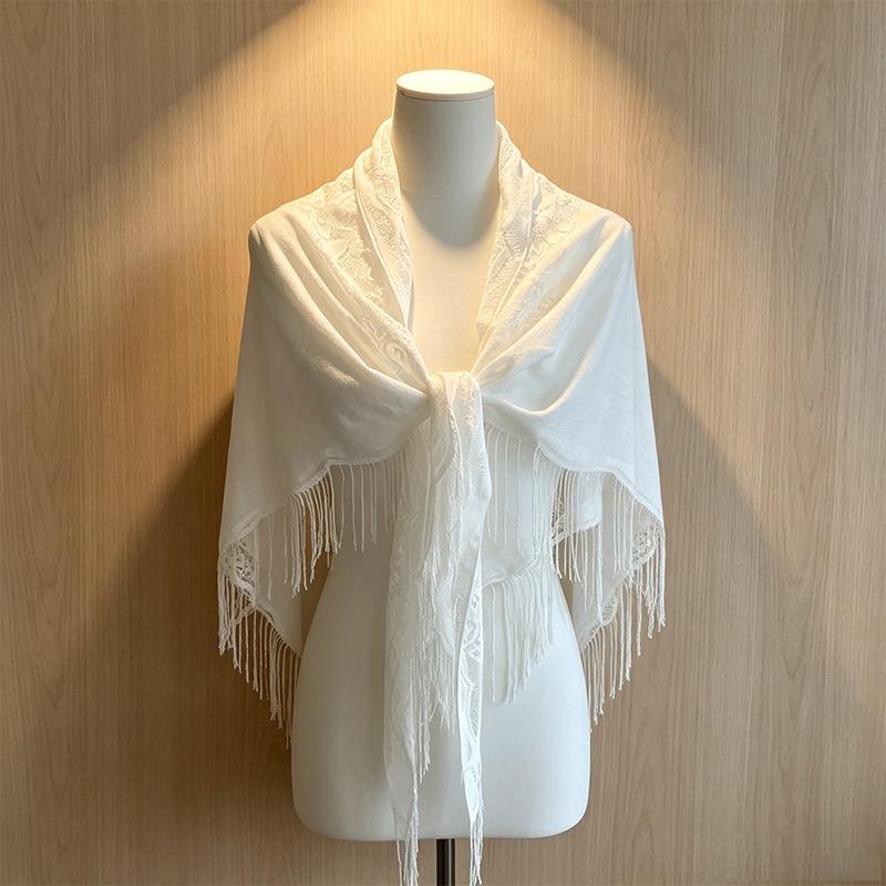 Solid Color Tassel Lace Wave Edge Triangle Shawl For Women