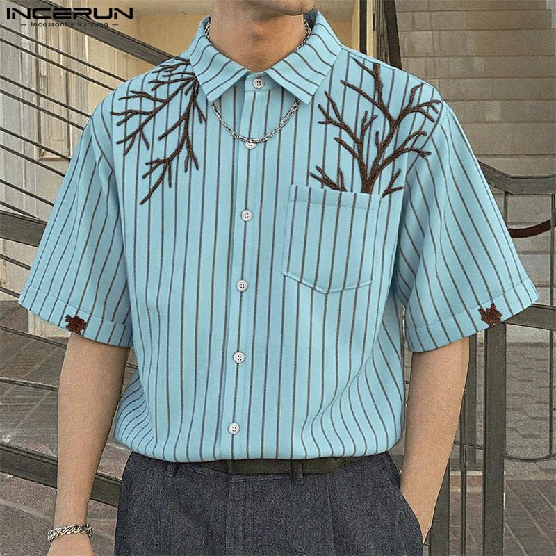 INCERUN Oversized Men Lapel Neck Short Sleeve Striped Print Casual Loose Shirts