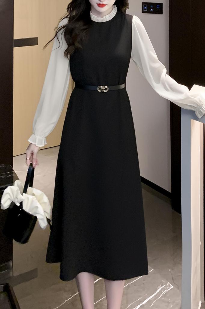 Spring Long Midi Long Dress with Stylish [Chubikime] Women's Dress, Dress, Sleeves, A-Line Belt, Slimming,