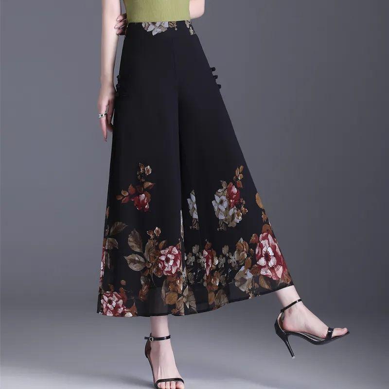 Women's Chiffon Wide Leg Pants Summer Chinese Style Floral Pants Skirt Pants Loose High Waist Retro Pants Skirt