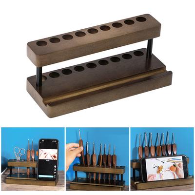 Minimalist Desk Needle Display Rack Chic Walnut Pen Storage for Workspace Desk Stand with Phone Slot and 9 Holders