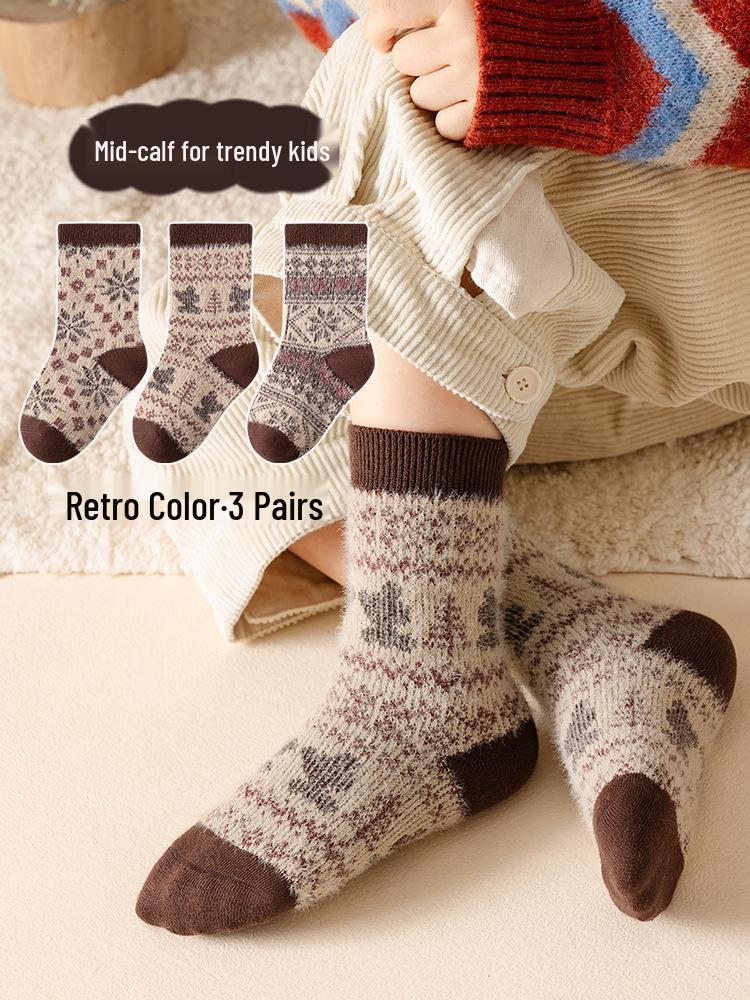 Calzini Invernali Spessi in Velluto di Visone e Lana per Bambini - A Mezza Gamba Stile Etnico Retro.