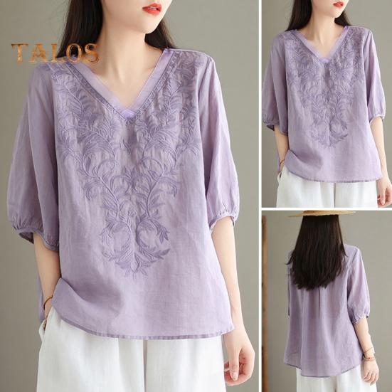 Women Summer Tops V-neck Half Sleeve Embroidery Pattern Pullover Tops Solid Color Loose Fit Commuting Style Tops