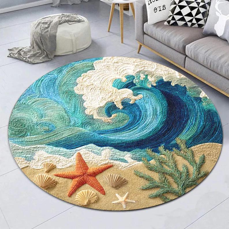 Ocean Wave Round Rug Starfish Beach Carpet Coastal Nautical Round Floor Rug Sea Shell Marine Decor Visual 3D Ocean Wave Decor