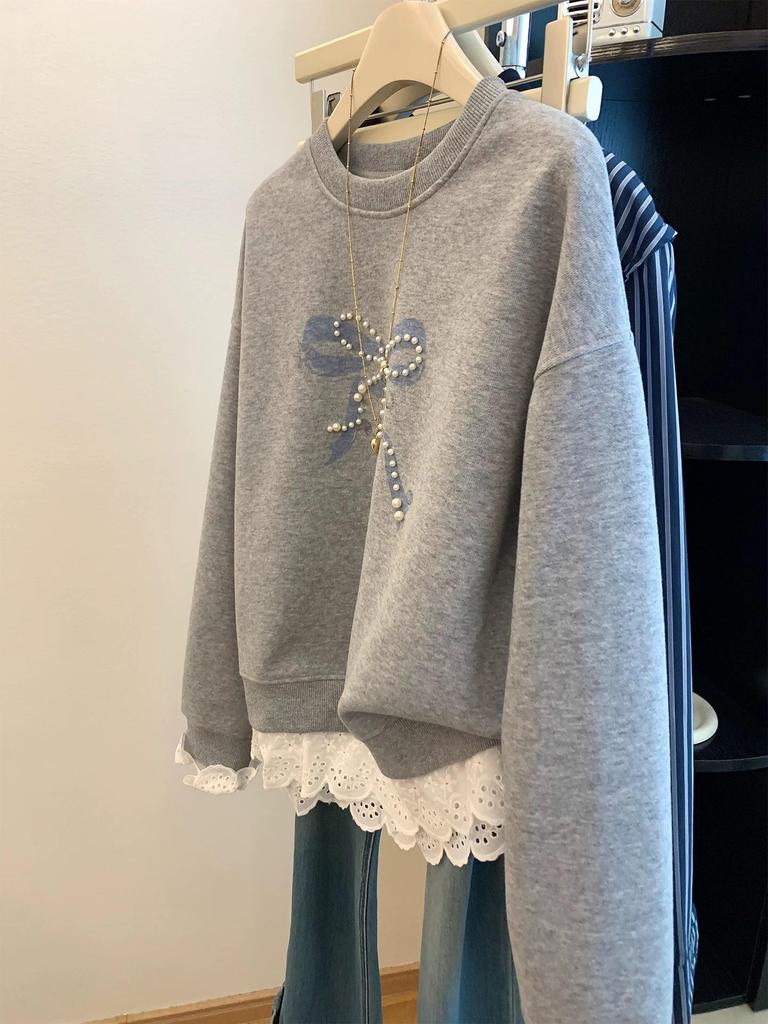 True Extra-Large Beaded Bowknot Hoodie - Cotton, 240 Jin, Age-Reducing, Plus Velvet Patchwork Lace Trim