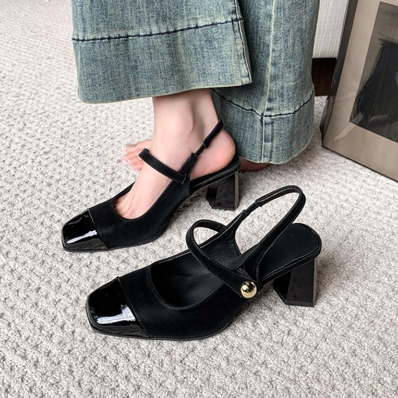 Summer Genuine Leather Toe Block Heel Mary Jane Shoes Women's High Heels Fashion Women's Shoes Comfortable and Elegant Sandals