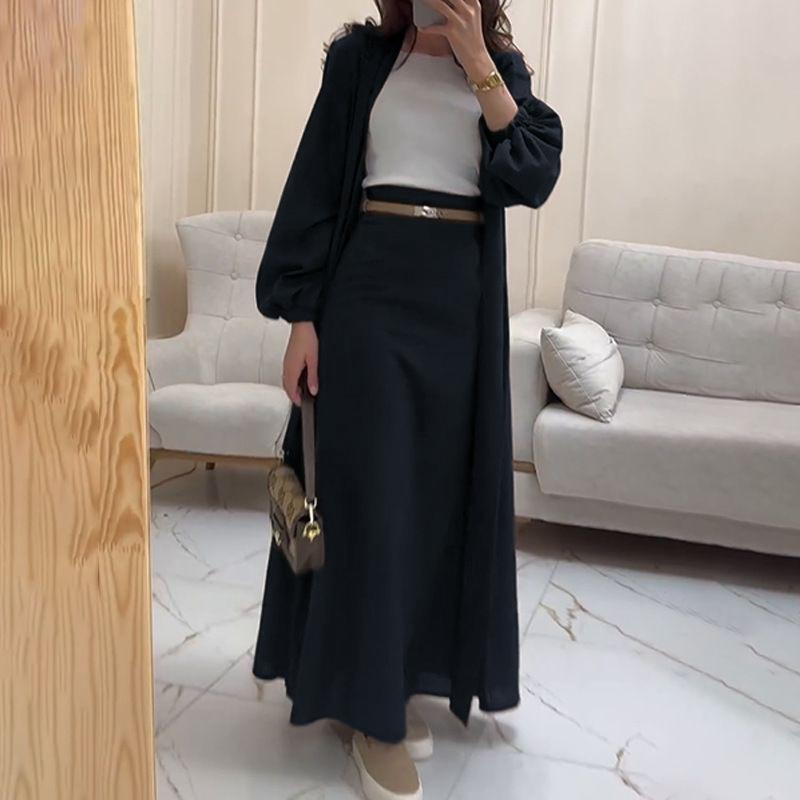 Women's Olive Green Lantern Sleeve Long Coat with High Waist Tie Belt Skirt Set