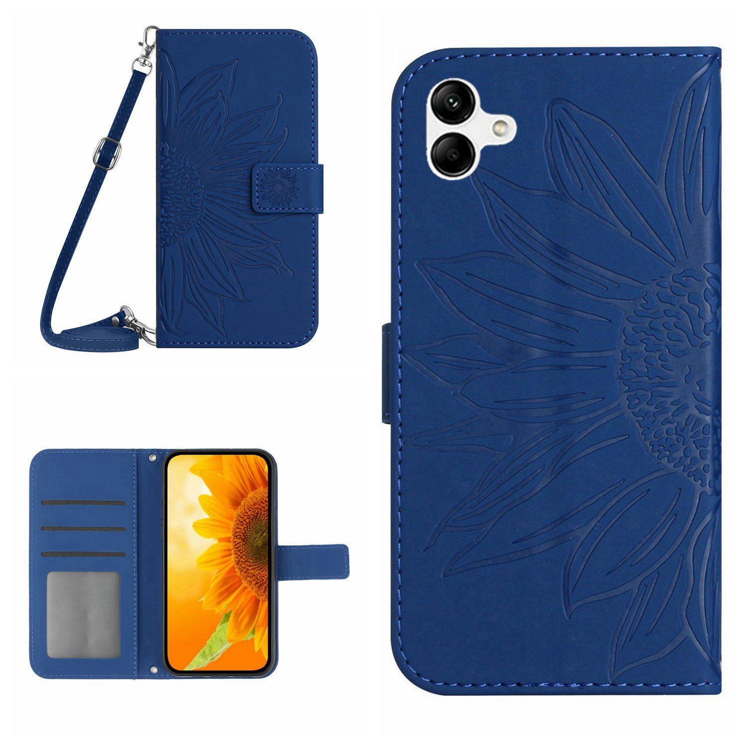 

For Samsung Galaxy A07 Case Sunflower Imprint PU Leather Phone Cover with Long Strap Sapphire