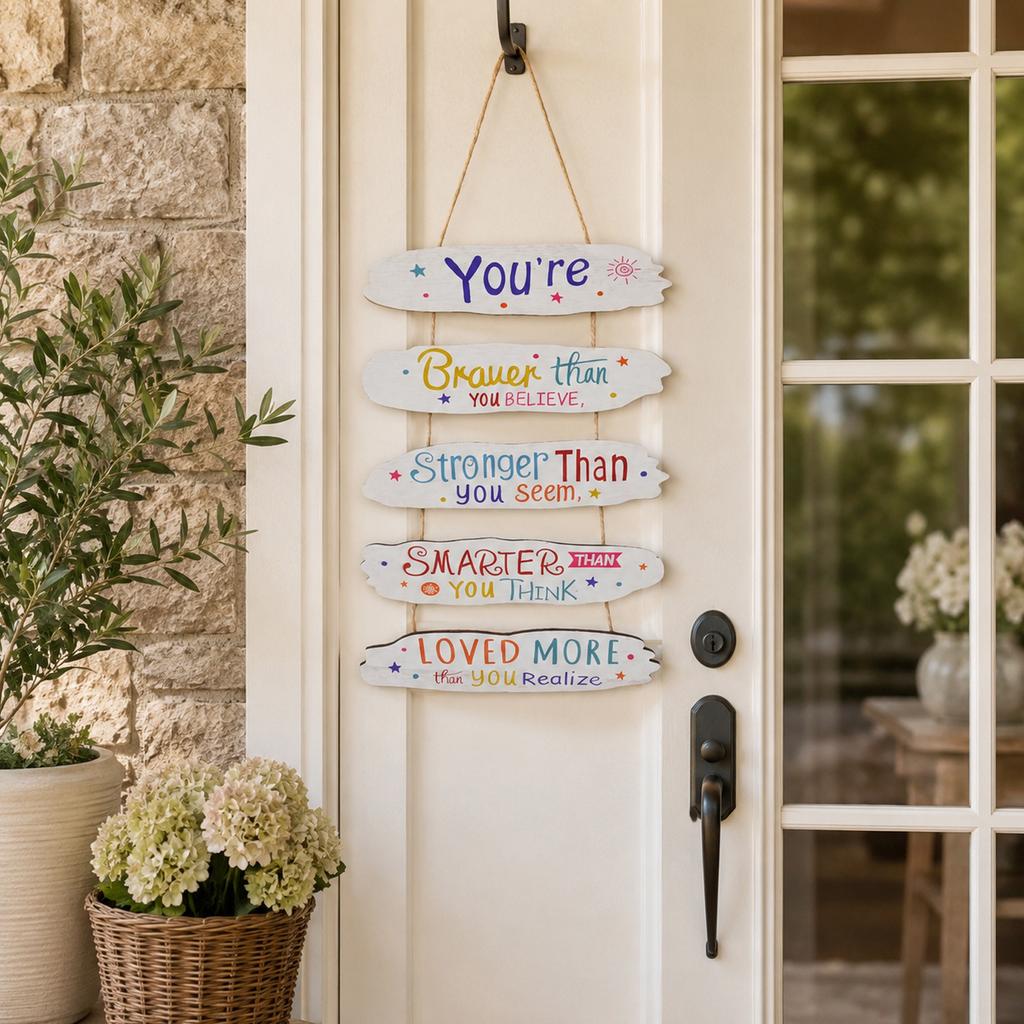 Wooden Hanging Sign with Quote for Home Wall Decor - Motivational Room Decoration with Rope