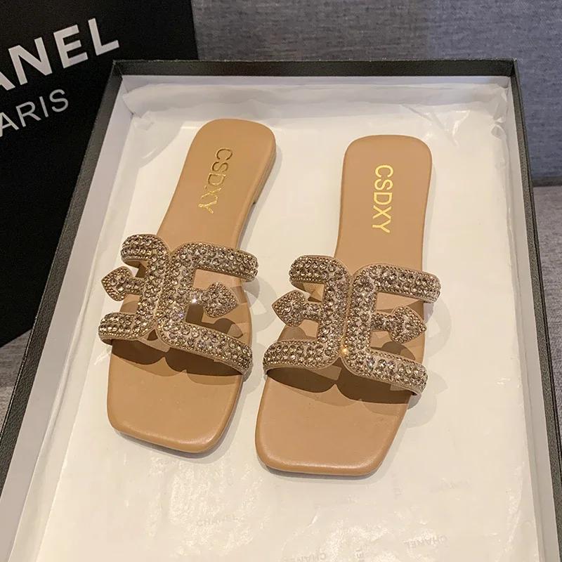 

Модный Роскошный Дизайн Женские Плоские Шлепанцы со Стразами Уличные Модные Женские Шлепанцы Повседневные Вечерние Пляжные Удобные Туфли 42