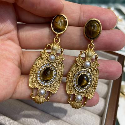 Wran Natural Tiger'S Eye Stone Medieval Vintage Earrings Women'S Retro Court Style Old Stud Earrings Ear Jewelry